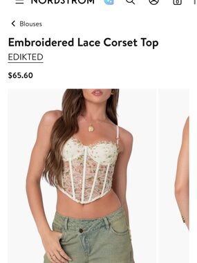 EDIKTED White Embroidered Lace Corset Crop Top with Pink & Green Floral Detail